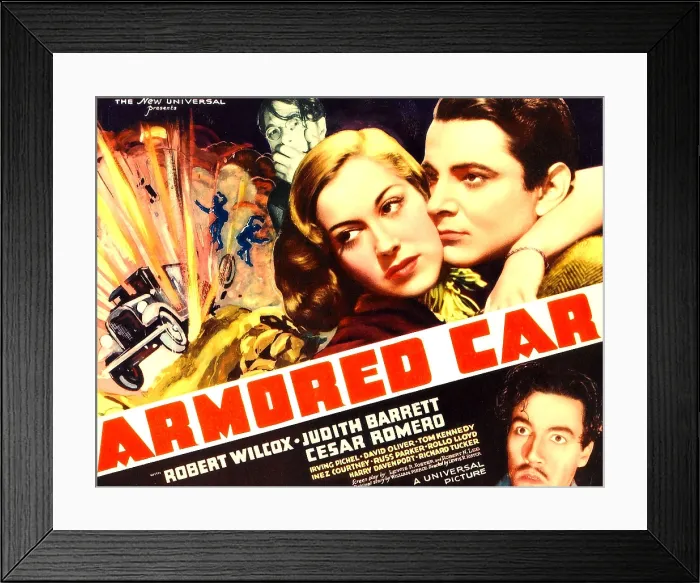 Framed Print : ARMORED CAR, top l-r: Judith Barrett, Robert Wilcox, bottom: Cesar Romero on poster art, 1937