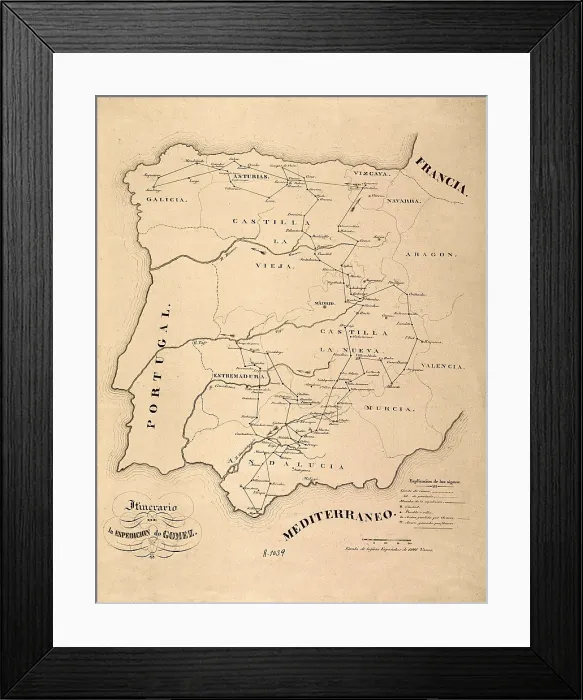 Framed Print : Spain. First Carlist War (1836). Map of Spain with the route of the military expedition of Miguel Gmez Damas. SPAIN. Madrid. National Library