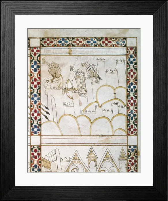 Framed Print : Cantigas de Santa Maria (Virgin Mary Songs). 13th c. Arab soldiers defending a city wall face to the Castilian army's attack. Gothic art. Miniature Painting. SPAIN Framed Print : Cantigas de Santa Maria (Virgin Mary Songs). 13th c. Arab soldiers defending a city wall face to the Castilian army's attack. Gothic art. Miniature Painting. SPAIN