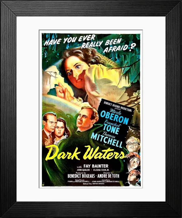 Framed Print : DARK WATERS, US poster, Merle Oberon (top), middle left: Franchot Tone, Merle Oberon, Thomas Mitchell, bottom right from top: John Qualen, Fay Bainter, Elisha Cook, Jr. 1944 Framed Print : DARK WATERS, US poster, Merle Oberon (top), middle left: Franchot Tone, Merle Oberon, Thomas Mitchell, bottom right from top: John Qualen, Fay Bainter, Elisha Cook, Jr. 1944