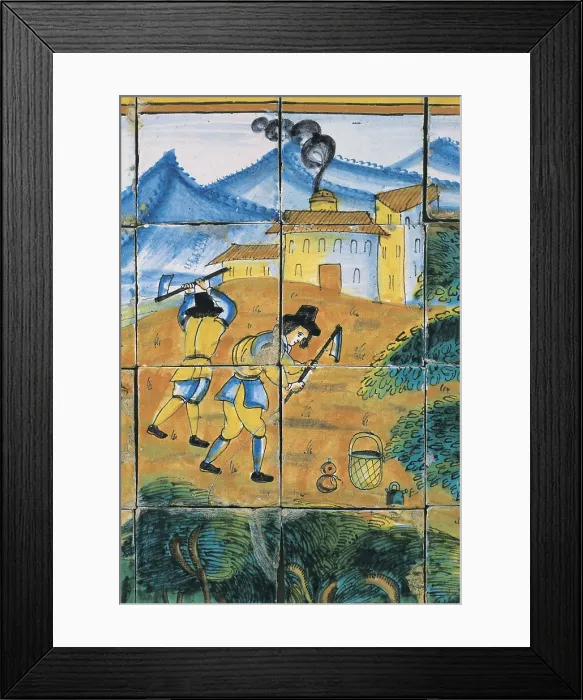 Framed Print : Glazed tile with farmers working the land. Ceramics. SPAIN. Cervera. Cervera Museum. AISA / Everett Collection**US SALES ONLY**