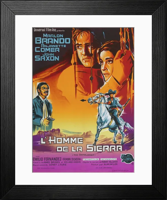 Framed Print : APPALOOSA, (aka L'HOMME DE LA SIERRA), French Poster, from left: John Saxon, Marlon Brando, Anjanette Comer, 1966 Framed Print : APPALOOSA, (aka L'HOMME DE LA SIERRA), French Poster, from left: John Saxon, Marlon Brando, Anjanette Comer, 1966