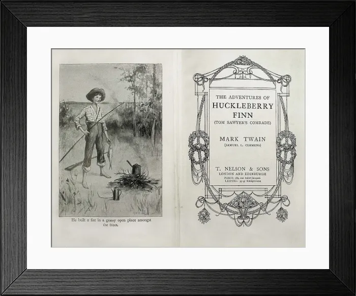 Framed Print : TWAIN, Samuel Langhorne Clemens, also called Mark (1835-1910). Front page from the work by Mark Twain 'The Adventures of Huckleberry Finn' Framed Print : TWAIN, Samuel Langhorne Clemens, also called Mark (1835-1910). Front page from the work by Mark Twain 'The Adventures of Huckleberry Finn'