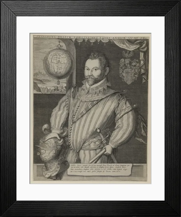 Framed Print : English privateer, Francis Drake, in an engraved portrait attributed to Jodocus Hondius, ca. 1583