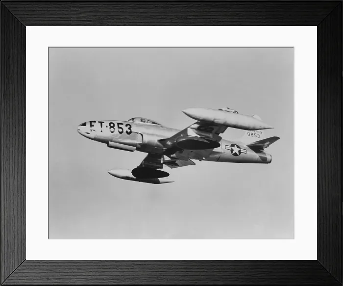 Framed Print : U.S. F-80 jet fighter carrying napalm in seventy five gallons dark colored wing tanks. Korean War, 1950-53. (BSLOC_2014_11_226)