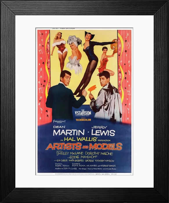 Framed Print : ARTISTS AND MODELS, US poster art, from left: Dean Martin, Shirley MacLaine, Jerry Lewis, 1955