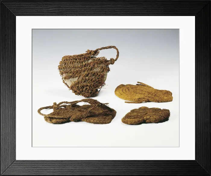 Framed Print : Plaiting esparto objects: sandals, basket. Neolithic art. Decorative Arts. SPAIN. Madrid. National Museum of Archaeology. Proc: SPAIN. Albuol. Cave of the Bats