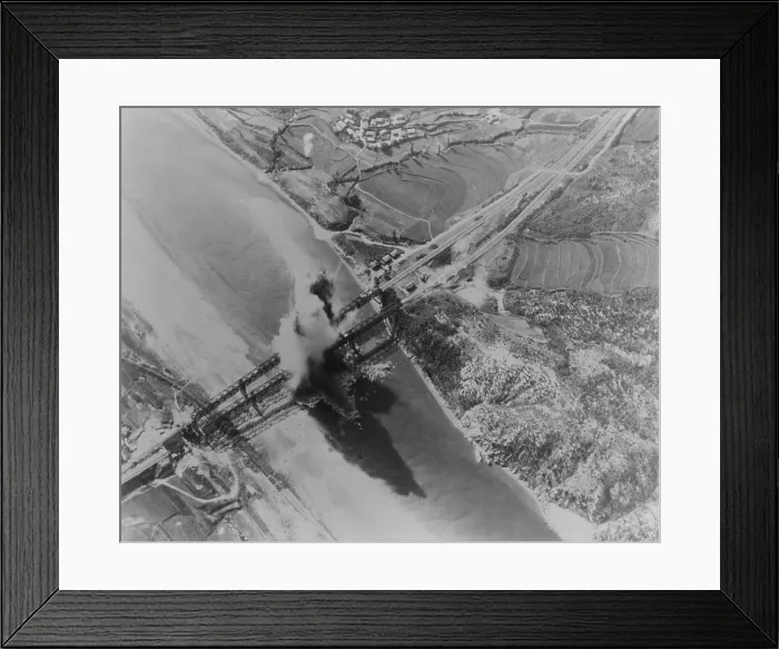 Framed Print : U.S. Bombing of Kum River bridges about 10 miles north of Taejon, Korea