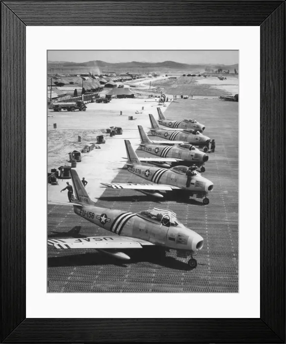 Framed Print : F-86 Sabre Jets on the flight line getting ready for combat. June 1951. It was the America's fastest jet during the Korean War. (BSLOC_2014_11_231)