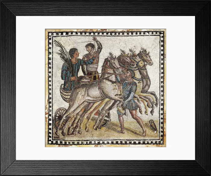 Framed Print : Quadriga race. 3rd c. Roman art. Early Empire. Mosaic. SPAIN. Madrid. National Museum of Archaeology. Proc: ITALY. Rome. AISA / Everett Collection**US SALES ONLY**
