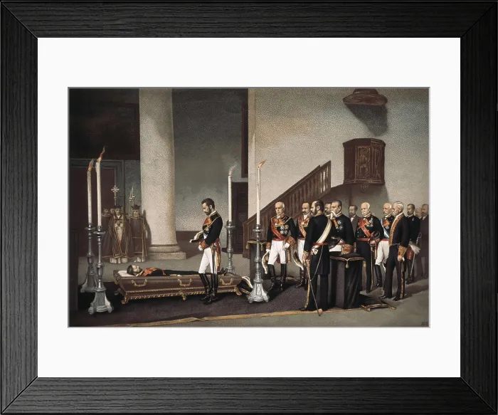Framed Print : Spain (1870). The king Amadeo I before the coffin of general Prim in the basilica of Atocha. Engraving by J. Palacios after a painting by Gisbert. Litography. SPAIN. Madrid