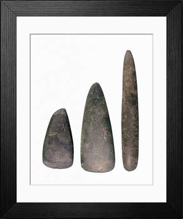 Framed Print : Axes belonging to the Catalan Grave Culture (Cultura de los Sepulcros de Fosa, 2800-2500 BC). Neolithic art. SPAIN. Sabadell. Sabadell History Museum. Proc: SPAIN. CATALONIA