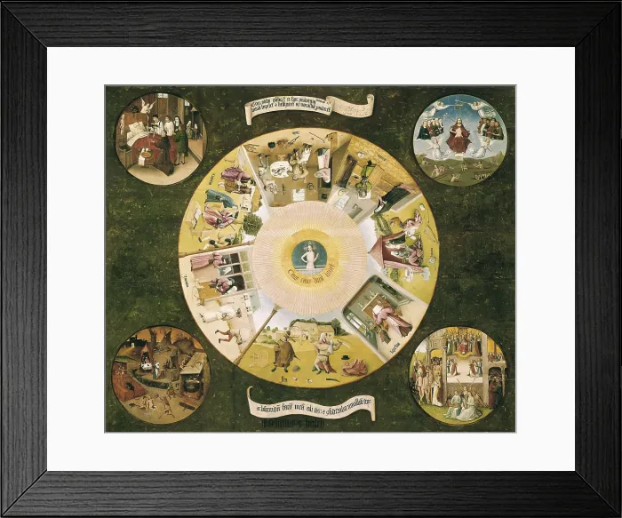 Framed Print : Bosch, Hieronymus Van Aeken, called (1450-1516). Table of the Seven Deadly Sins. 1475 - 1480. Flemish art. Oil on wood. SPAIN. Madrid. Prado Museum Framed Print : Bosch, Hieronymus Van Aeken, called (1450-1516). Table of the Seven Deadly Sins. 1475 - 1480. Flemish art. Oil on wood. SPAIN. Madrid. Prado Museum