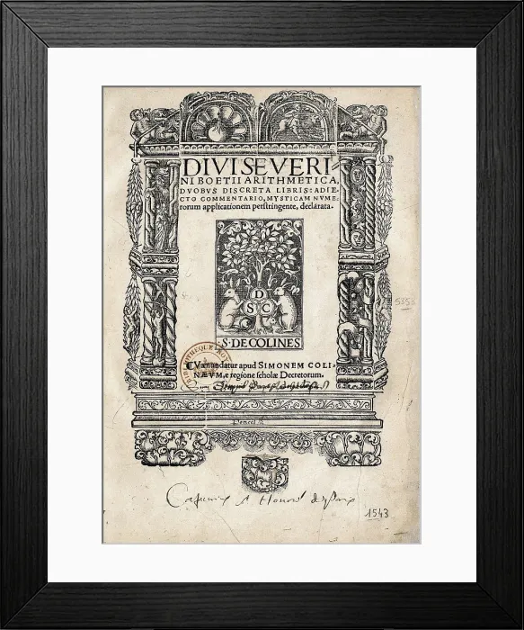 Framed Print : BOETHIUS, Anicius Manlius Severinus (480-524). Frontispiece of 'De Arithmetica' by Boethius. Edition of 1488. Engraving. FRANCE. Paris. National Library