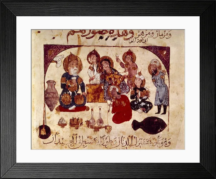 Framed Print : 'The Maqamat' (The Assemblies of al-Hariri), characteristic genre of the medieval arabic literature. Edition carried out in Bagdad and illustrated by al-Wasiti (1237)