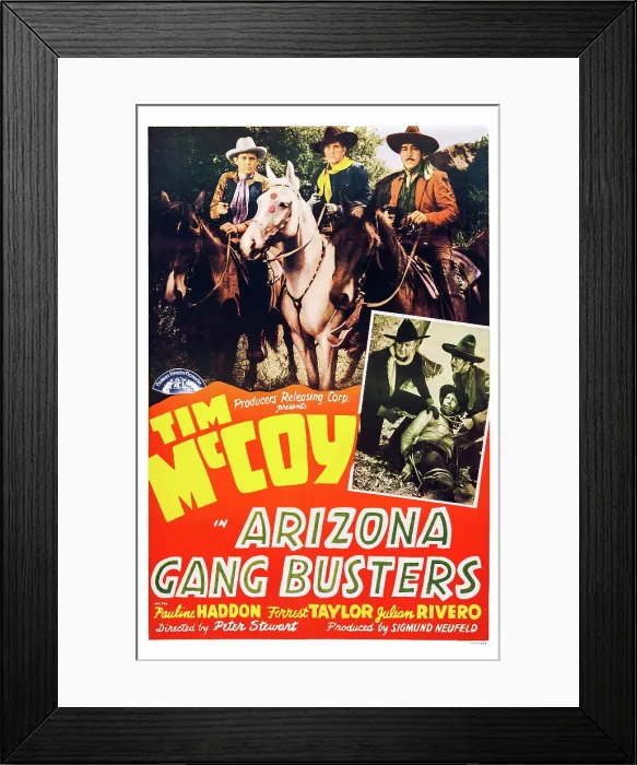 Framed Print : ARIZONA GANG BUSTERS, US poster art, top center and left inset: Tim McCoy; top left and right inset: Julian Rivero, 1940