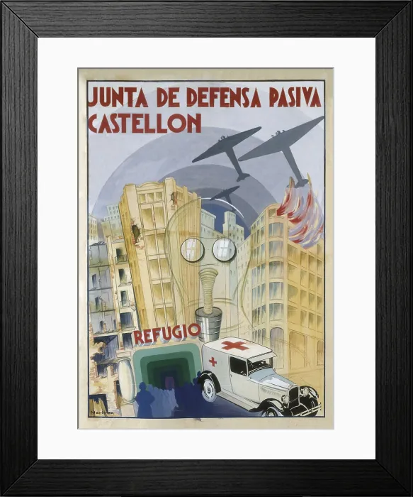 Framed Print : Spanish Civil War (1936-1939). 'Junta de defensa pasiva. Castelln' (Junta of the Passive Defence. Castellon). Poster (1938). SPAIN. Salamanca. Archivo Histrico Nacional