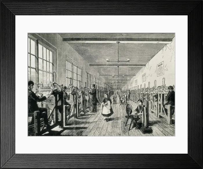 Framed Print : UNITED KINGDOM. ENGLAND. England. Industrial Revolution (1860). M.M.Owen & Uglow long socks factory.. Engraving. AISA / Everett Collection**US SALES ONLY**