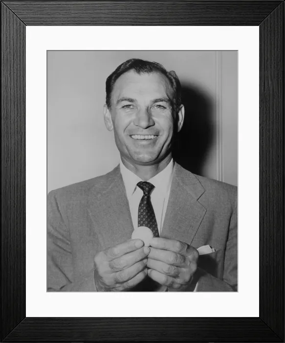 Framed Print : Ben Hogan, smiling broadly while holding golf ball in 1953. He had a great year, winning three major professional championships Framed Print : Ben Hogan, smiling broadly while holding golf ball in 1953. He had a great year, winning three major professional championships