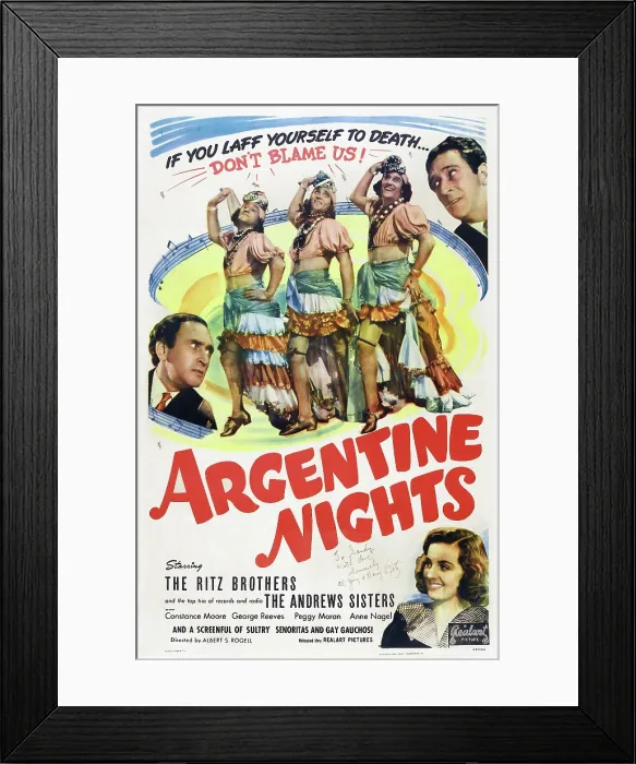 Framed Print : ARGENTINE NIGHTS, US poster, Harry Ritz (left), The Ritz Brothers (center), Jimmy Ritz (right), Constance Moore (bottom), 1940
