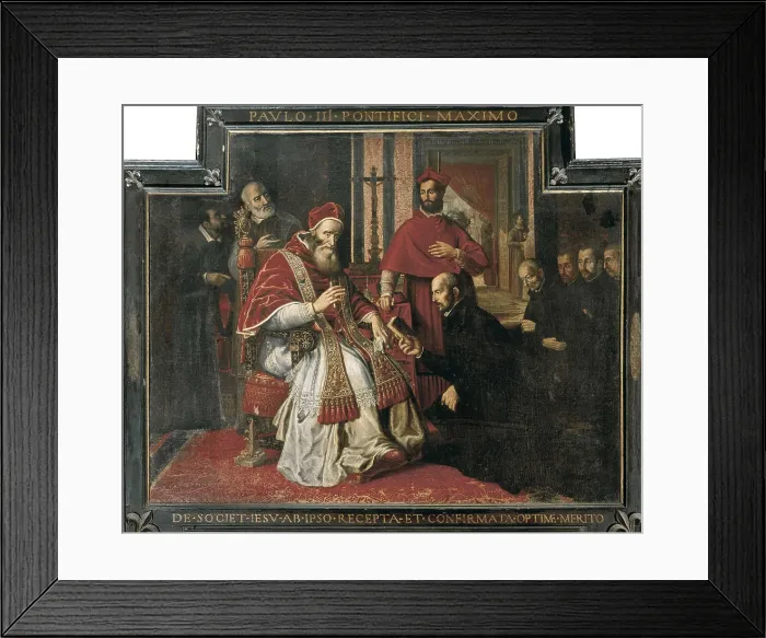 Framed Print : Loyola, Saint Ignacius of (1491-1556); PAUL III (1468-1549). Saint Ignacius of Loyola (kneeling) presenting the rule of the Company of Jesus to the Pope Paul III to approve it (7th September 1540)