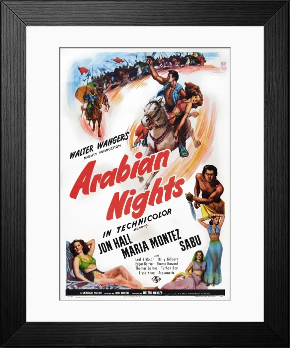 Framed Print : ARABIAN NIGHTS, US poster art, top, from left, Jon Hall, Maria Montez, 1942 Framed Print : ARABIAN NIGHTS, US poster art, top, from left, Jon Hall, Maria Montez, 1942
