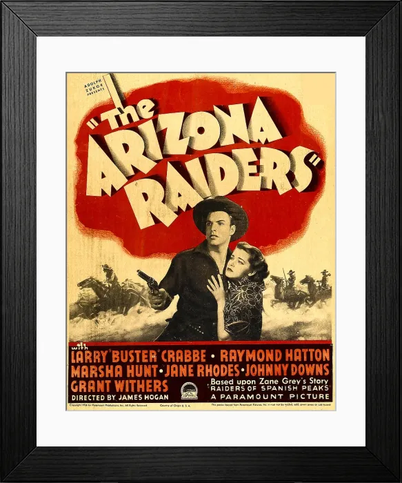 Framed Print : THE ARIZONA RAIDERS, from left: Larry Buster Crabbe, Marsha Hunt on window card, 1936 Framed Print : THE ARIZONA RAIDERS, from left: Larry Buster Crabbe, Marsha Hunt on window card, 1936