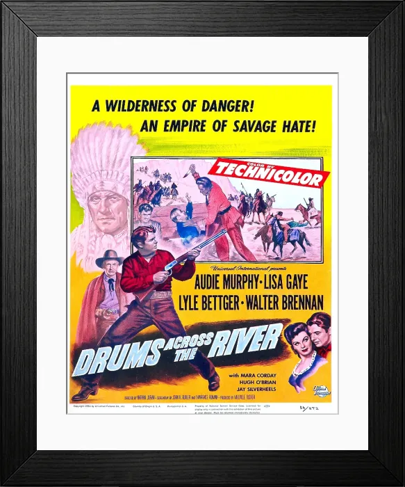 Framed Print : DRUMS ACROSS THE RIVER, US poster, far left from top: Morris Ankrum, Walter Brennan, Audie Murphy, Lisa Gaye, Audie Murphy, 1954 Framed Print : DRUMS ACROSS THE RIVER, US poster, far left from top: Morris Ankrum, Walter Brennan, Audie Murphy, Lisa Gaye, Audie Murphy, 1954