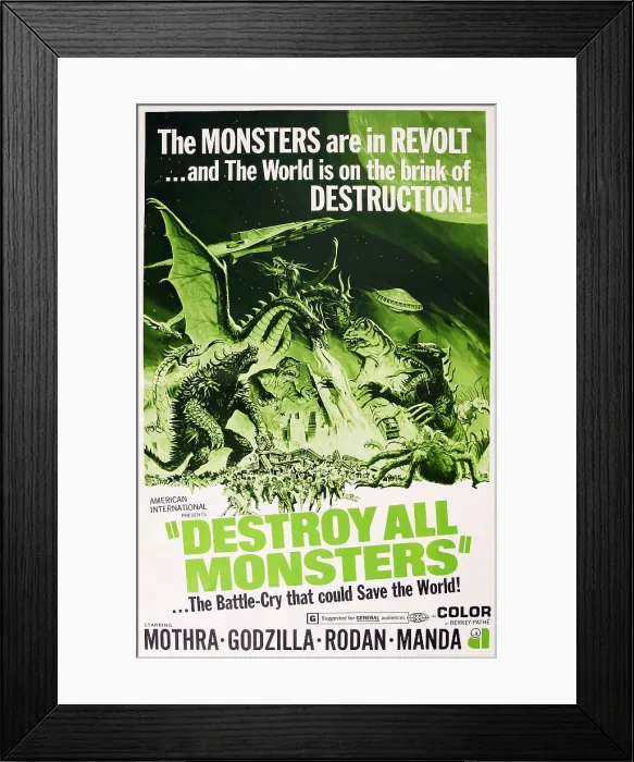 Framed Print : DESTROY ALL MONSTERS, (aka KAIJU SOSHINGEKI, the original Japanese title), U.S. one-sheet poster art, 1968