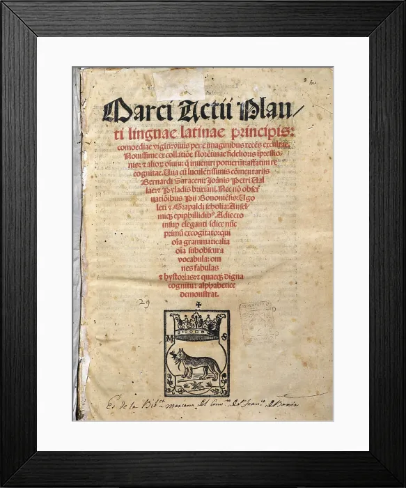 Framed Print : Plautus (254-184 BC). 'Comedies'. Edition of 1518. SPAIN. Barcelona. Biblioteca de Catalunya (National Library of Catalonia). AISA / Everett Collection**US SALES ONLY**