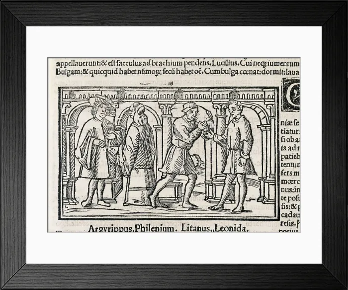 Framed Print : Plautus (254-184 BC). Illustration of a scene from the third act of the work 'Asinaria', in an edition of Plautus 'Comedies' from 1518. Xylography. SPAIN