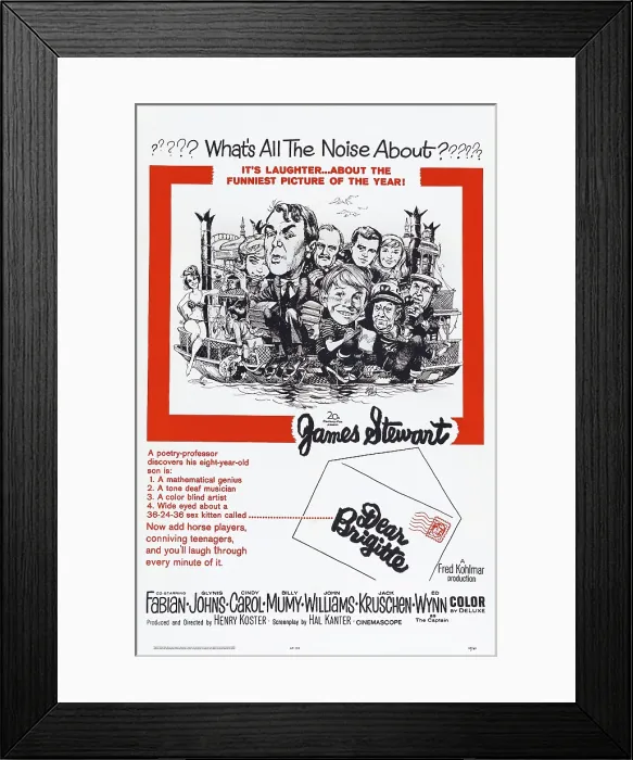Framed Print : DEAR BRIGITTE, US poster, rear from left: Glynis Johns (flute), James Stewart, John Williams, Fabian, Cindy Carol, front from left: Billy Mumy, Ed Wynn, Jesse White, 1965 Framed Print : DEAR BRIGITTE, US poster, rear from left: Glynis Johns (flute), James Stewart, John Williams, Fabian, Cindy Carol, front from left: Billy Mumy, Ed Wynn, Jesse White, 1965