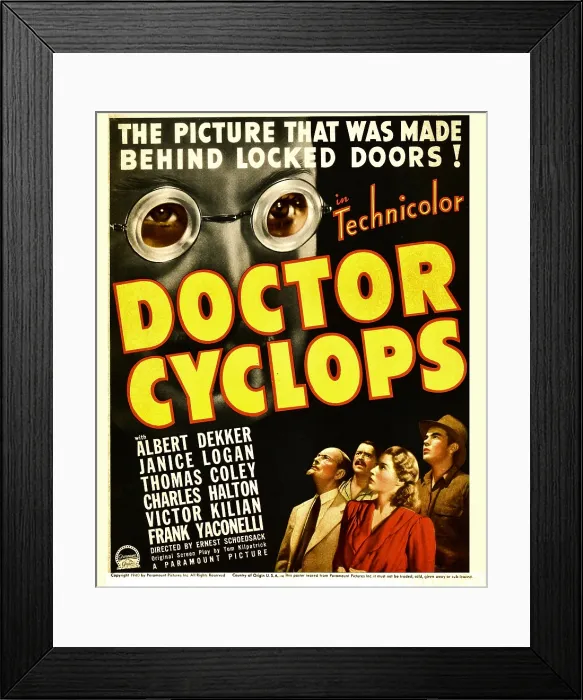 Framed Print : DR. CYCLOPS, top left: Albert Dekker, bottom right center: Janice Logan on window card, 1940 Framed Print : DR. CYCLOPS, top left: Albert Dekker, bottom right center: Janice Logan on window card, 1940