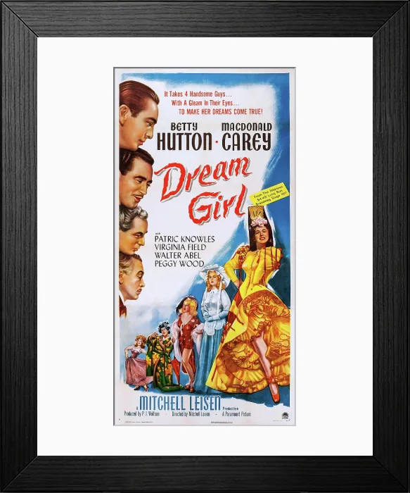Framed Print : DREAM GIRL, US poster, far right: Betty Hutton, left from top: Macdonald Carey, Patric Knowles, Lowell Gilmore, Walter Abel, 1948