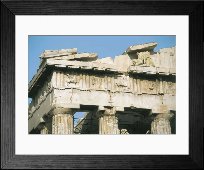 Framed Print : IKTINOS (5th C. BC); PHIDIAS (490 -431 BC); CALCRATES, (5th C. BC). Parthenon. GREECE. Athens. Acropolis. Parthenon. Detail of the frieze and the Doric style tympanum