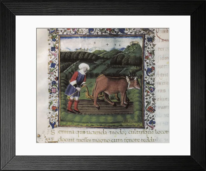 Framed Print : Illustration of 'The Georgics' by Virgil, 1st Book, Fol. 19. Farming the lands. Miniature Painting. SPAIN. Valencia. Valencia University Library Framed Print : Illustration of 'The Georgics' by Virgil, 1st Book, Fol. 19. Farming the lands. Miniature Painting. SPAIN. Valencia. Valencia University Library