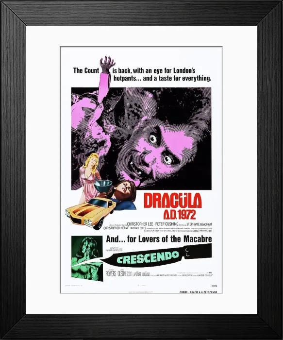 Framed Print : DRACULA A.D. 1972, (on double bill poster with CRESCENDO), from top: Christopher Lee, Stephanie Beacham, Caroline Munro on poster art, 1972 Framed Print : DRACULA A.D. 1972, (on double bill poster with CRESCENDO), from top: Christopher Lee, Stephanie Beacham, Caroline Munro on poster art, 1972