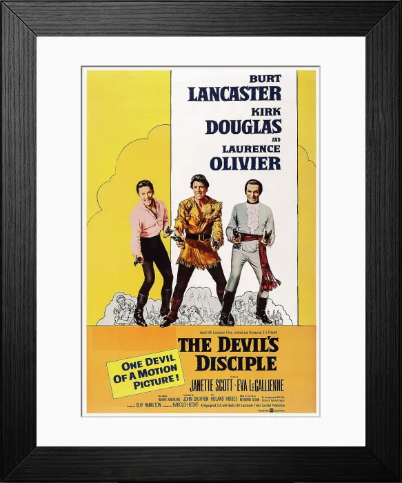 Framed Print : THE DEVIL'S DISCIPLE, US poster art, from left: Kirk Douglas, Burt Lancaster, Laurence Olivier, 1959