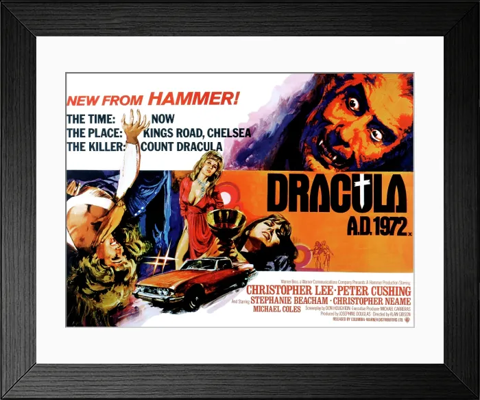 Framed Print : DRACULA A.D. 1972, Stephanie Beacham, Stephanie Beacham, Caroline Munro, Christopher Lee (top right), 1972