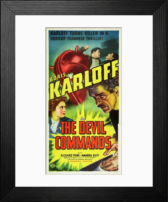 Framed Print : THE DEVIL COMMANDS, l-r: Amanda Duff, Boris Karloff on poster art, 1941 Framed Print : THE DEVIL COMMANDS, l-r: Amanda Duff, Boris Karloff on poster art, 1941