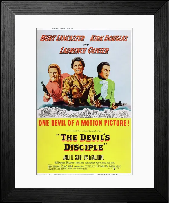 Framed Print : THE DEVIL'D DISCIPLE, US poster, from left: Kirk Douglas, Burt Lancaster, Laurence Olivier, 1959
