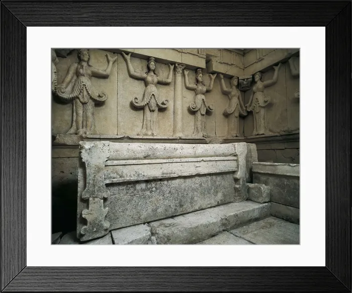 Framed Print : BULGARIA. RUSE. Sveshtari. Thracian Tomb of Sveshtari. Thracian Tomb of Sveshtari (3rd c. BC). Main burial chamber with the sarcophagus of Prince Hemus and his wife. Thracian art