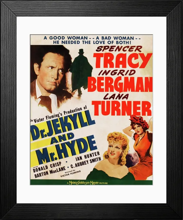 Framed Print : DR. JEKYLL AND MR. HYDE, l-r: Spencer Tracy, Ingrid Bergman, Lana Turner on Us window card, 1941