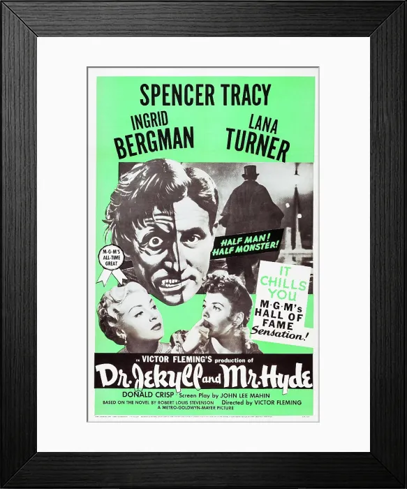 Framed Print : DR. JEKYLL AND MR. HYDE, top: Spencer Tracy, bottom l-r: Lana Turner, Ingrid Bergman on poster art, 1941
