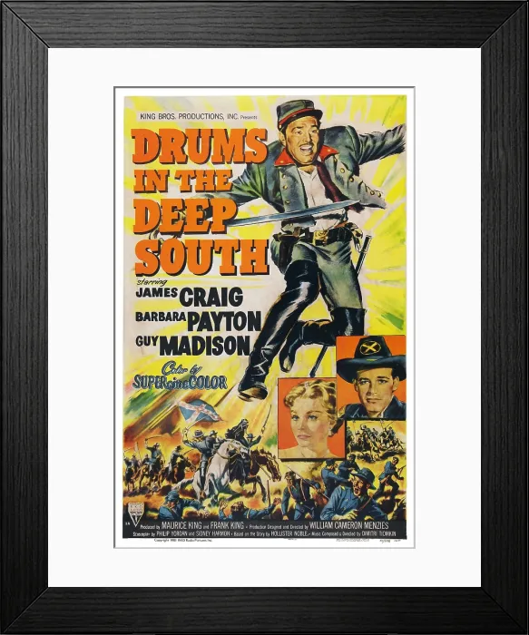 Framed Print : DRUMS IN THE DEEP SOUTH, US poster art, from top: James Craig, Barbara Payton, Guy Madison, 1951