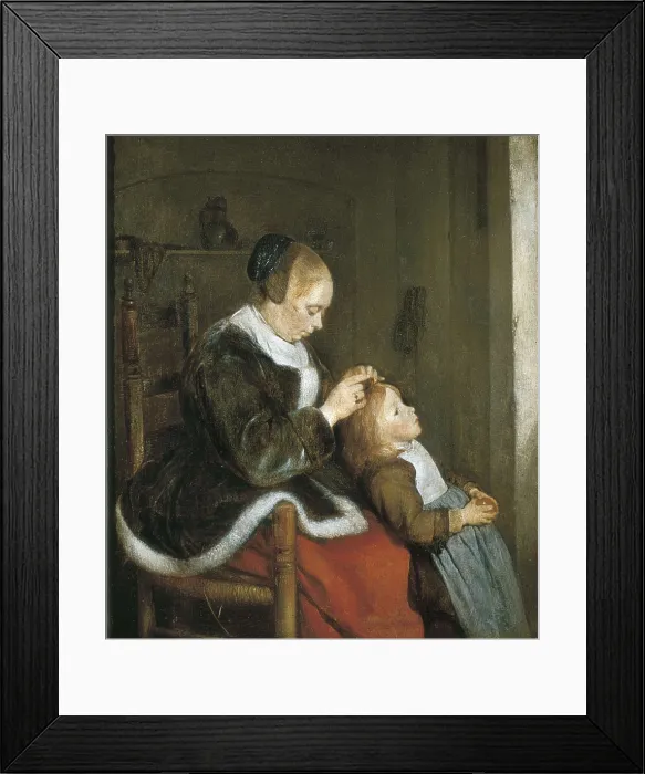 Framed Print : TERBORCH, Gerard (1617-1681). A mother combing the hair of her child. 1652 - 1653. Baroque art. Oil on canvas. NETHERLANDS. The Hague. Mauritshuis Framed Print : TERBORCH, Gerard (1617-1681). A mother combing the hair of her child. 1652 - 1653. Baroque art. Oil on canvas. NETHERLANDS. The Hague. Mauritshuis