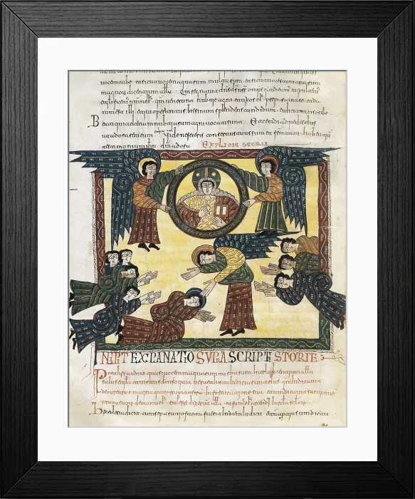 Framed Print : Beatus of Liebana. 10th c. Sheet 150. Death of the Beast and the enemies of God. Mozarabic art. Miniature Painting. SPAIN. San Lorenzo de El Escorial