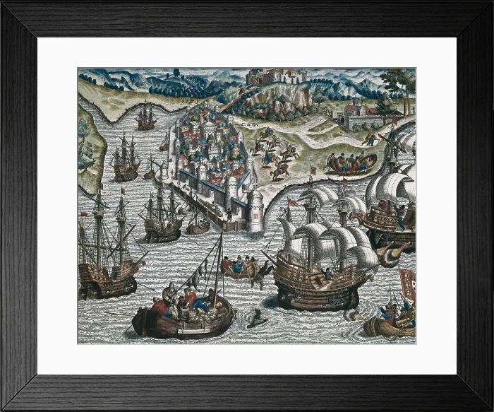 Framed Print : Naval fight in front of Lisbon. Illustration of the third part of the Great Travels to America by Theodore de Bry. Flemish art. Engraving. FRANCE. Vincennes