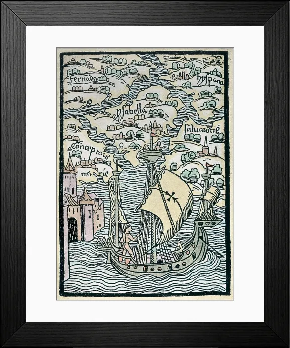 Framed Print : Christopher Columbus First Voyage to America (1492). Discover of the islands of Concepcin, Fernandina, Isabela, Salvador