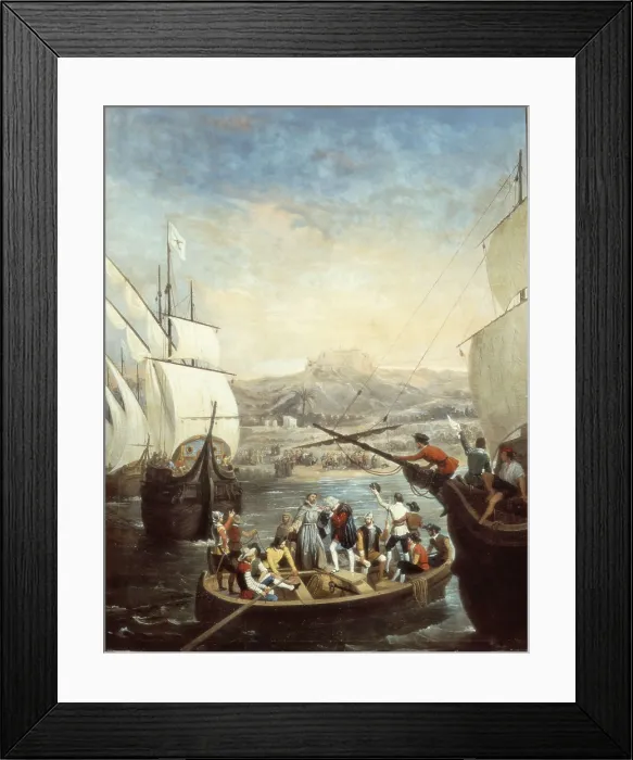 Framed Print : SPAIN. Palos de la Frontera. La Rbida Monastery.. Departure of the three caravels from the Palos harbour (3rd August 1492). Oil on canvas. AISA / Everett Collection**US SALES ONLY**